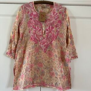 Embroidered Silk Floral Tunic Top Womens Large Handmade Boho Art To Wear